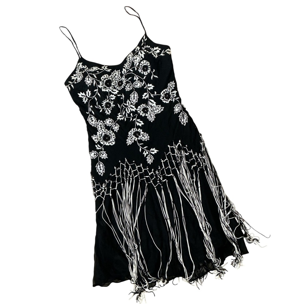 Lenovia Floral Embroidered Silk Fringe Dress Womens Large Black Beaded Macrame